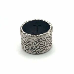 VIL013 wide oxidized sterling silver ring with sea relief pattern texture