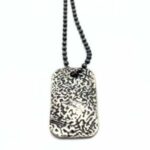VIL011 oxidized sterling silver tag pendant with sea relief pattern on black ball chain necklace