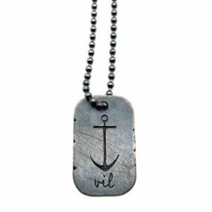 VIL012 oxidized sterling silver dog tag pendant with engraved anchor and vil logo on black ball chain necklace